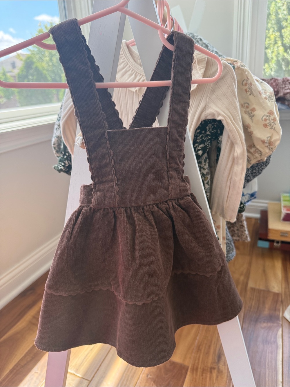 Rylee + Cru Brown Corduroy Pinafore Dress with Scalloped Layers